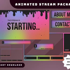 Puede incluir: Paquete de transmisión animado con un fondo degradado en rosa, morado y verde. El texto "THE STREAM IS STARTING.." se muestra de forma destacada. Incluye botones para "ABOUT ME" y "CONTACT", y una sección "NEW DONATION". Descarga instantánea.