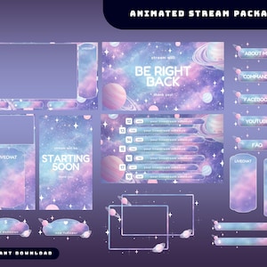 May include: An animated stream package with a space theme. The package includes a screen overlay, chat boxes, and buttons with text like "About Me", "Commands", and "Facebook". The color palette is purple, blue, and pink.