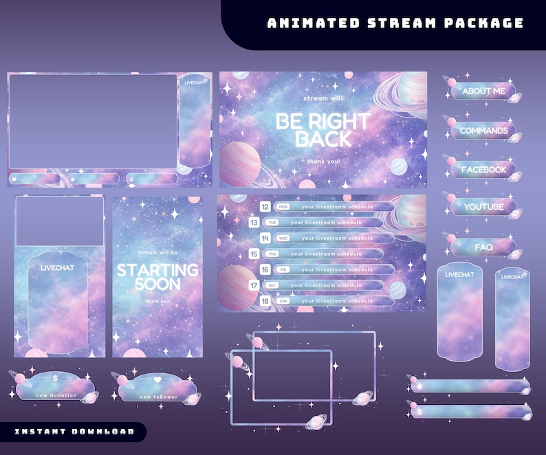 May include: An animated stream package with a space theme. The package includes a screen overlay, chat boxes, and buttons with text like "About Me", "Commands", and "Facebook". The color palette is purple, blue, and pink.
