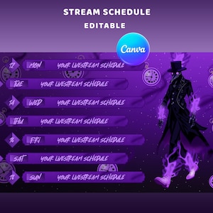 May include: A purple livestream schedule template with a dark figure and pocket watches. The schedule includes days of the week and the text "YOUR LIVESTREAM SCHEDULE". The Canva logo is visible.
