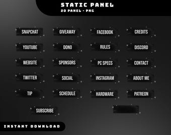 Pixel Noir Static Panel Stream Overlay Package, Black Static Panel, Minimalist Twitch Panel, Twitch Overlay Dark Theme, Twitch Graphics Pack