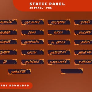 Puede incluir: Un conjunto gráfico de descarga digital con 20 paneles con textos como "Snapchat", "Giveaway" y "Facebook". Cada panel tiene un fondo oscuro con un borde naranja llameante y texto. También se ven las palabras "Static Panel" e "Instant Download".