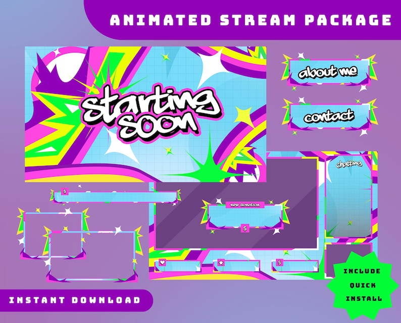 Colorful Animated Stream Overlay Package, Comic Stream Overlay, Arcade ...