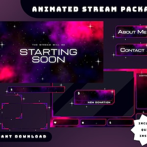 Pode incluir: Pacote de streaming animado com tema espacial. A tela principal exibe "Starting Soon" em texto branco contra um fundo de nebulosa. Inclui botões "About Me" e "Contact", alertas de doação e caixas de bate-papo. "Instant Download" também é exibido.