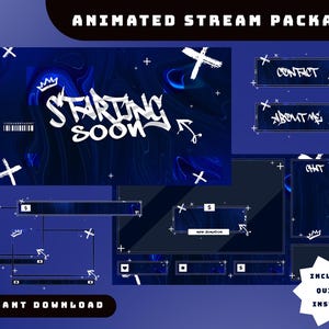 Pacote de sobreposição de transmissão animada Blue Euphoria, sobreposição de jogos Flow Art, sobreposição de Twitch de streamer de tema azul escuro, rótulo azul fluido, tela