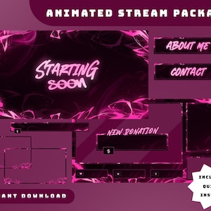 Può includere: Un pacchetto di streaming animato in rosa scuro e nero. Include una schermata "Starting Soon", pulsanti "About Me" e "Contact" e altri elementi animati. Sono visibili anche le parole "Instant Download" e "Include Quick Install".