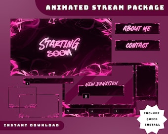 Pakiet animowanej nakładki na stream Neon Shards, Neonoworóżowy stream, animowana nakładka na Twitch, futurystyczny Vtuber, Cyberpunk Modern, alert streamu