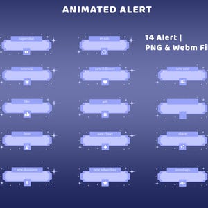 May include: Animated alert graphics with text labels like "superchat," "new follower," and "new donation." The design features light blue pixelated banners with icons and star accents, set against a dark blue background. The text "ANIMATED ALERT" is at the top.