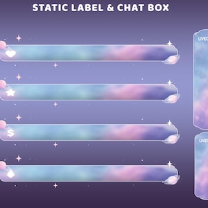 May include: Digital overlay graphics for live streaming. The design features a purple and blue gradient with planet and star accents. The set includes chat boxes and labels with heart, star, dollar sign, and diamond icons.