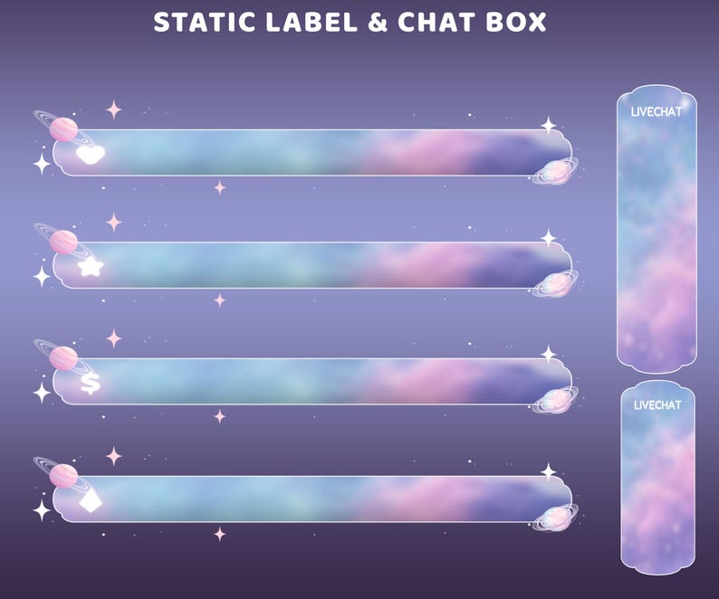May include: Digital overlay graphics for live streaming. The design features a purple and blue gradient with planet and star accents. The set includes chat boxes and labels with heart, star, dollar sign, and diamond icons.