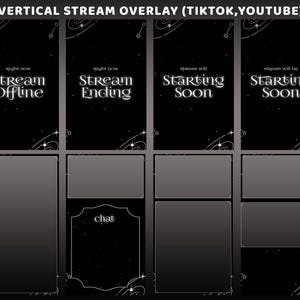 Puede incluir: Plantillas de superposición de transmisión vertical en blanco y negro para TikTok y YouTube. Los diseños incluyen texto como "Stream Offline", "Stream Ending" y "Starting Soon". Cada plantilla tiene un diseño de cielo estrellado.