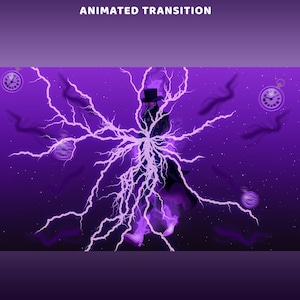 May include: Digital art featuring a figure in a top hat and coat, surrounded by purple lightning. The background is a gradient of purple with floating pocket watches and the text "ANIMATED TRANSITION" at the top.