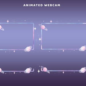 May include: Animated webcam overlay with a space theme. The design features rectangular frames with pastel blue and pink borders, planets with rings, and sparkling stars on a gradient purple background. The text "ANIMATED WEBCAM" is at the top.