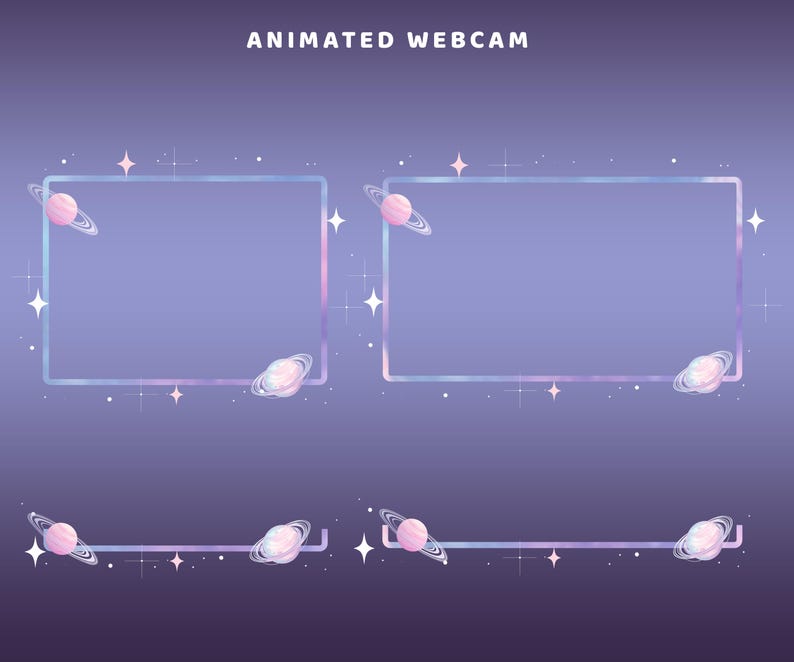 May include: Animated webcam overlay with a space theme. The design features rectangular frames with pastel blue and pink borders, planets with rings, and sparkling stars on a gradient purple background. The text "ANIMATED WEBCAM" is at the top.