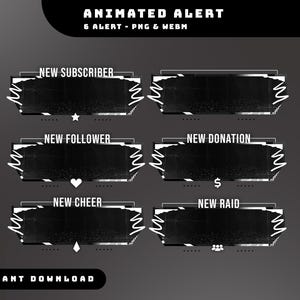 Pacote de sobreposição de alerta de transmissão animado com falha mono, alertas de transmissão de falha, sobreposição de jogo em preto escuro, alertas de transmissão animados abstratos, legendas