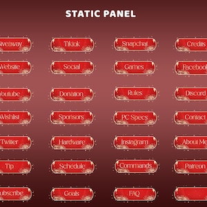 May include: A collection of red and gold static panel buttons with various text labels, including "Giveaway," "TikTok," "Snapchat," "Website," "Social," and "Games." The buttons have a decorative design and are arranged on a gradient red background.