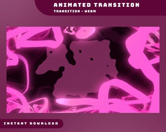 Könnte beinhalten: Animierte Übergangsgrafik mit dunklem Hintergrund und leuchtend pinkfarbenen Neonlinien. Der Text "ANIMATED TRANSITION" und "TRANSITION - WEBM" stehen oben. Die Worte "INSTANT DOWNLOAD" stehen unten.