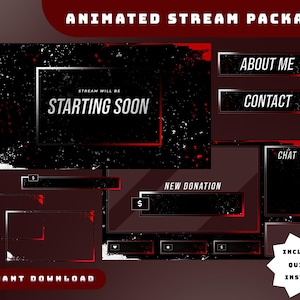 Pode incluir: Um pacote de streaming animado em preto e vermelho. Inclui sobreposições com texto como "Starting Soon", "About Me" e "Contact". O design apresenta um efeito de respingos e está disponível para download instantâneo.