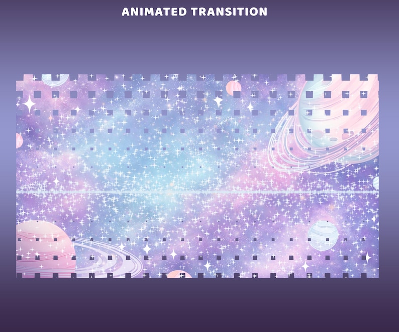 May include: A digital art piece featuring a dreamy space scene with planets, stars, and the text "ANIMATED TRANSITION" at the top. The color palette includes shades of purple, blue, and pink, creating a celestial and whimsical aesthetic.