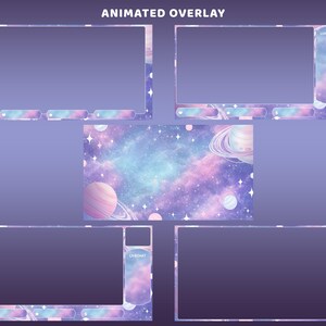 May include: Animated overlay design with a space theme. The design features a purple, pink, and blue color scheme with planets, stars, and a galaxy background. The text "ANIMATED OVERLAY" is at the top.