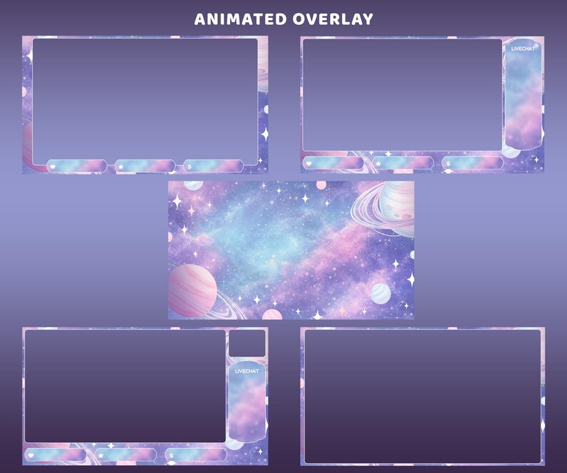 May include: Animated overlay design with a space theme. The design features a purple, pink, and blue color scheme with planets, stars, and a galaxy background. The text "ANIMATED OVERLAY" is at the top.