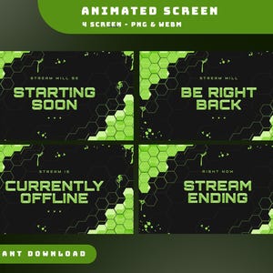 Neon HexaGrid animierte Stream-Bildschirm-Overlay-Paket, animierte grüne Hexagon Bildschirm, YouTube-Streaming, Stream Start bald, BRB, Endet