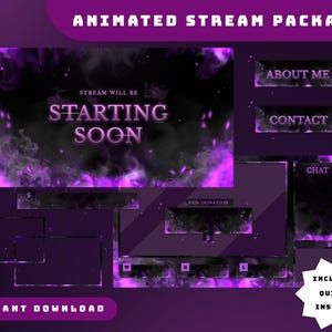 Peut inclure: Un ensemble de flux animé numérique avec un thème violet et noir. L'ensemble comprend un écran "Starting Soon", des boîtes de chat et des boutons "About Me" et "Contact". Les mots "Instant Download" et "Include Quick Install" sont également visibles.