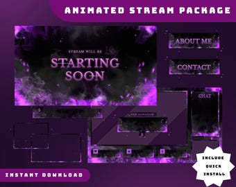Glitch Flare Animated Stream Overlay Package, Purple Animated Overlay, Vortex Twitch Package, Smoke Effect Overlay, Animated Vtuber Overlay