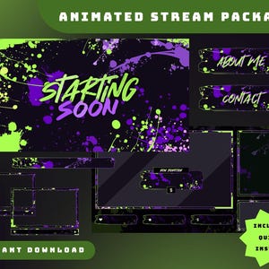 Pacote de sobreposição de fluxo animado com respingos de tinta, pacote de fluxo roxo e verde, fluxo de design de grafite, sobreposição de Twitch de tema escuro, arte grunge