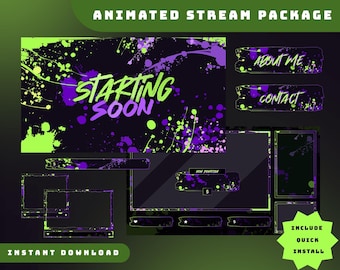 Ink Splatter Animated Stream Overlay Package, Purple And Green Stream Package, Graffiti Design Stream, Dark Theme Twitch Overlay, Grunge Art