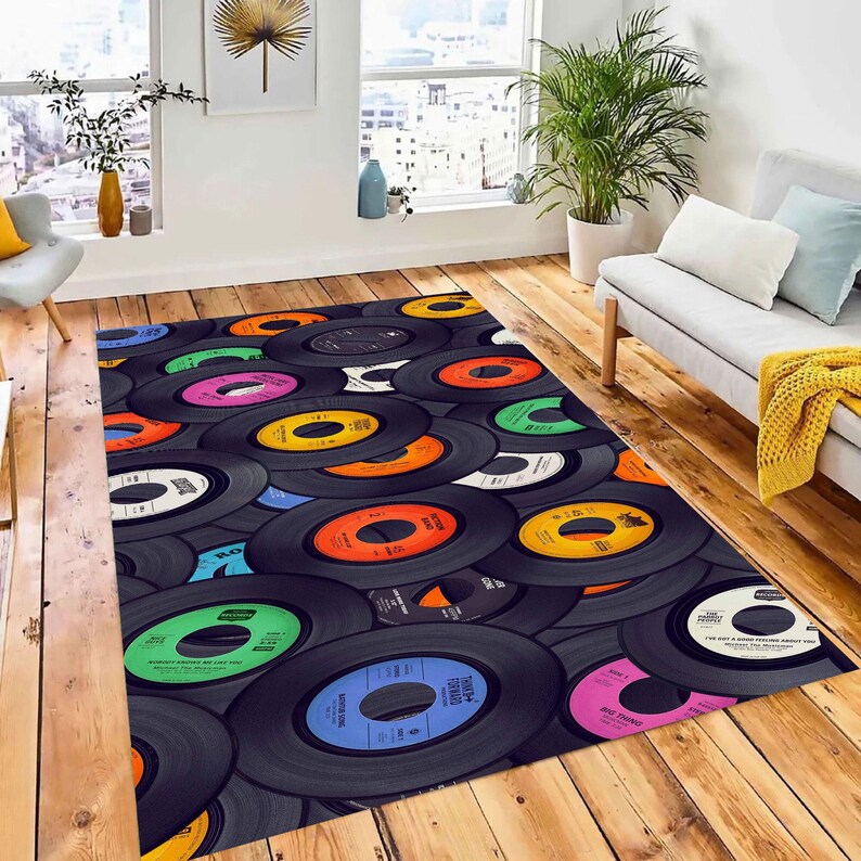 Retro Vinyl Record Patterned Rug - Music Room Decor - Etsy