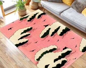 Pink Sky Japanese Vintage Rug, Pastel Cloud Bird Pattern Area Rug, Art Floor Mat