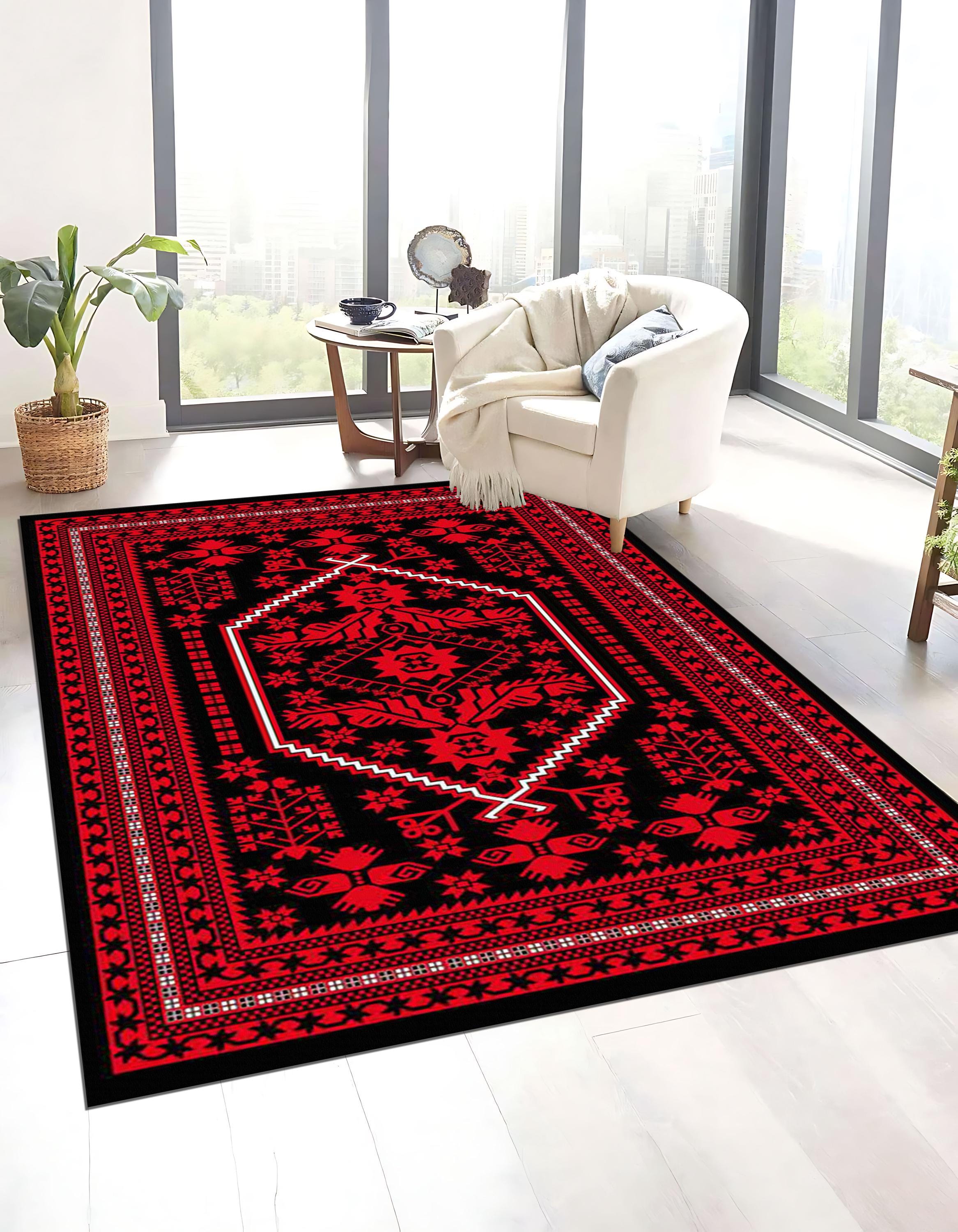 ヴィンテージトルコキリムラグ：赤黒幾何学模様、洗える、滑り止め付き