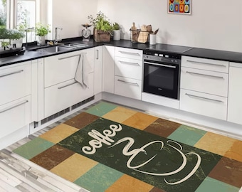 Coffee Patterned Kitchen Rug: Machine Washable Bamboo Floor Mat