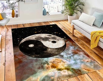 Yin Yang Cosmos Rug: Full Moon Japanese Art, Washable Bamboo Carpet