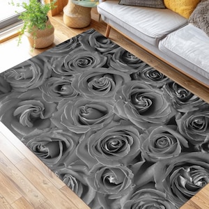 Black Rose Rug, For Living Room Rug, Bamboo Rug, Rose desing rug, Area Rug,, washable rug, modern rug decor, Aesthetic Decor, Authentic Rug