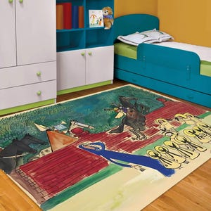 art rug, washable rug, bamboo rug, Madeleine in London rug, kids going to school, adventurous kids, horse figured rug, home decor, area rugs