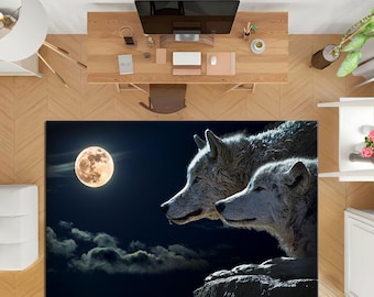 Wolf Moon Rug, Nature-Inspired Digital Art Floor Mat, Rustic Cabin Decor, Living Room Rug