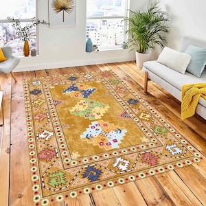Central Anatolian Bamboo Rug,Traditional Woven Rug with Symmetrical Motifs Cultural Symbols Decorative Rug,aesthetically designed Rug