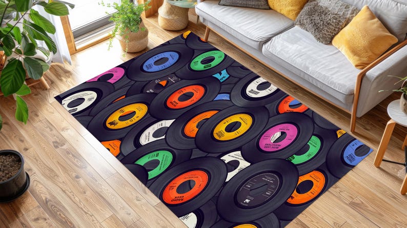 Retro Vinyl Record Patterned Rug - Music Room Decor - Etsy
