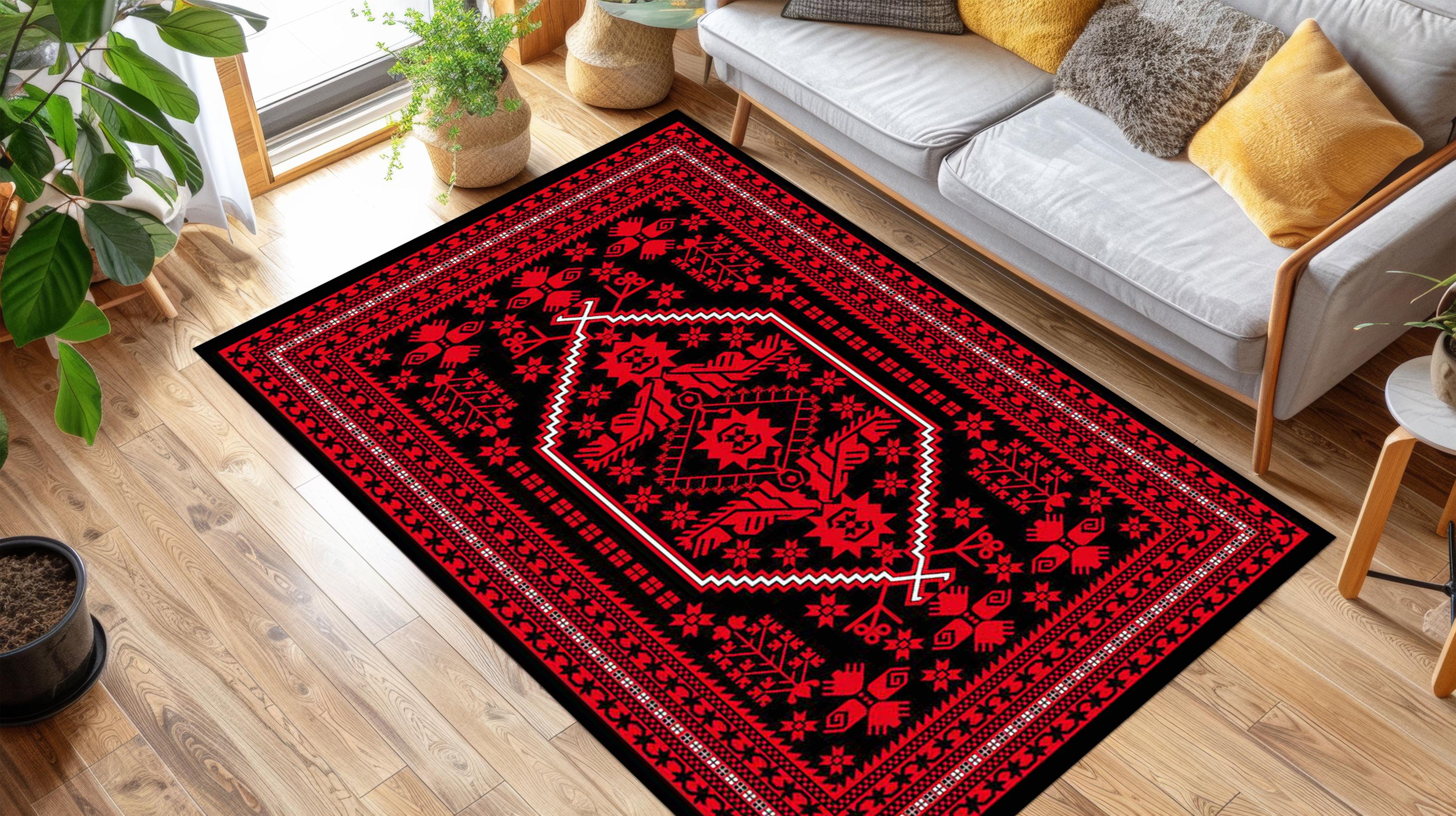 ヴィンテージトルコキリムラグ：赤黒幾何学模様、洗える、滑り止め付き