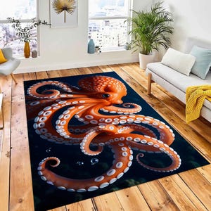Orange Octopus Rug, Sea Area Rug for Home Decor, Ocean Design and Flowers Modern Living Room Rug, Artistic Sea Theme rug,Bamboo Octopus Rug