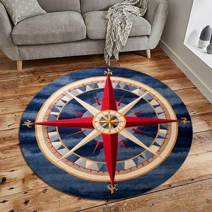 Compass Rug, Round Rug, Navy Blue Nautical Rug, Ocean Theme Circle Rug, Aesthetic Decoration Rug, Artistic Gift Rug, Bamboo Rug, Area Rug