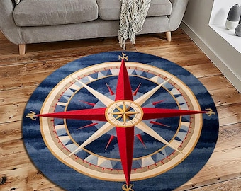 Nautical Compass Round Rug: Navy Blue Ocean Theme, Bamboo Fiber