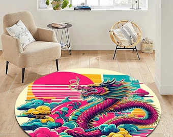 Pink Dragon Round Rug: Soft Bamboo Fiber, Non-Slip Cotton Base