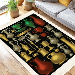 May include: A rectangular rug with a black background featuring a vintage illustration of various antique pitchers and vessels in shades of gold, green, red, and silver. The rug has a white border and is placed on a wooden floor.
