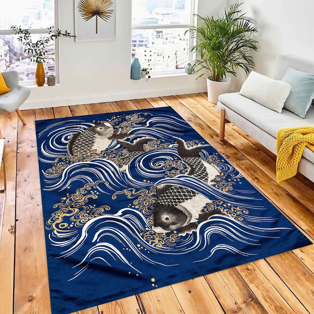 Japanese Patterned Rug Carp in Waves Rug, Japanese Art Pattern, Meiji Era Fukusa Style, Asian ...