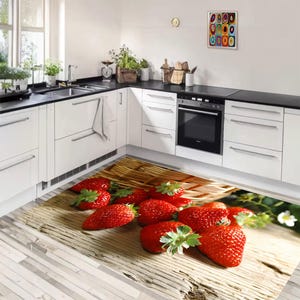 Strawberry patterned rug, Red rug, Kitchen rug, Modern rug,Decorative rug,Office rug,bamboo rug, Colorful rug,harmony of green and red