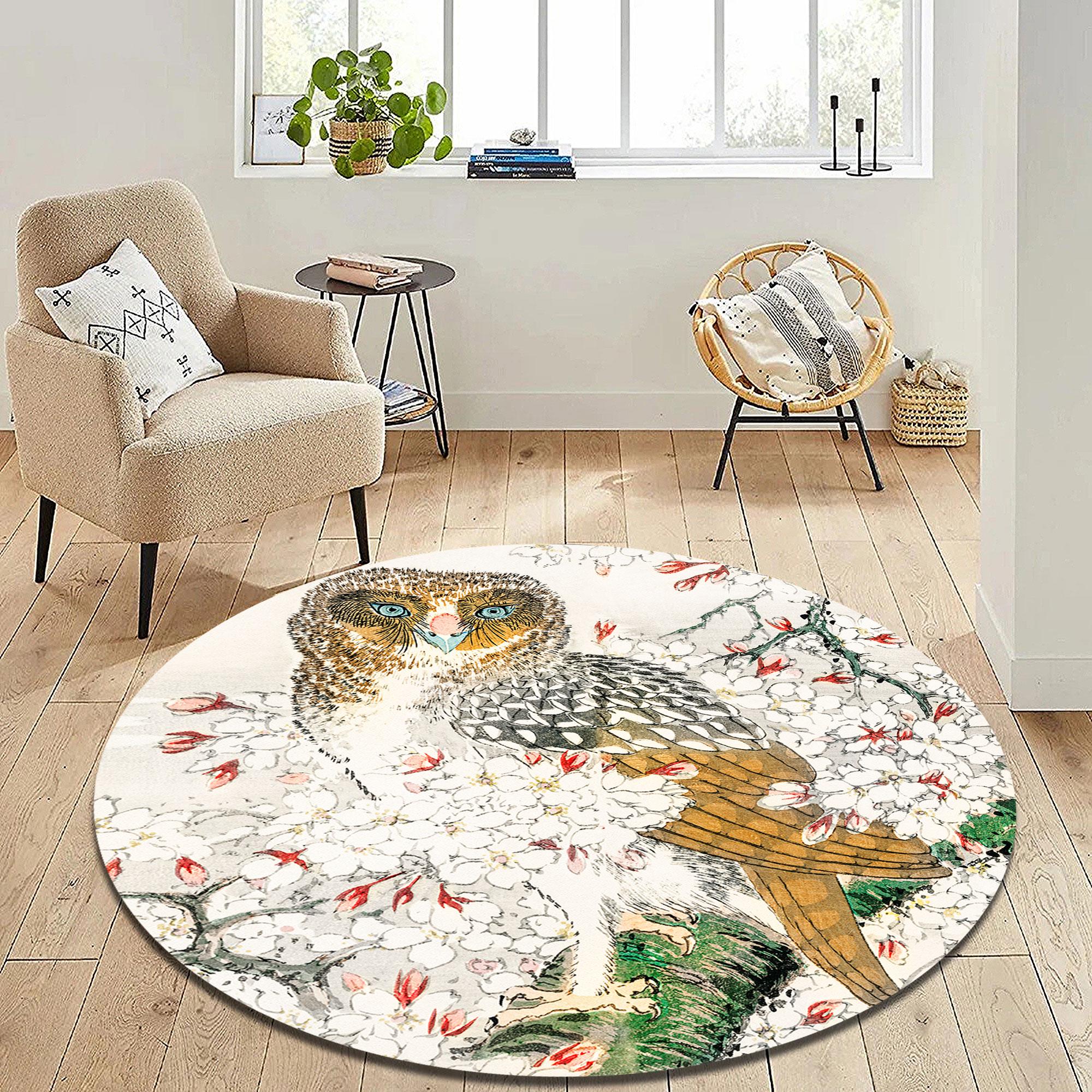 フクロウの絵柄ラウンドラグ：柔らかく、滑りにくく、洗濯機で洗えます