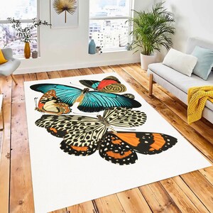 カラフルな蝶のラグ、蝶のデザインのラグ、ホームデコレーションラグ、カスタムサイズのラグ、リビングルームのラグ、エリアラグ、カスタムギフトラグ、屋内ラグ、フロアラグ